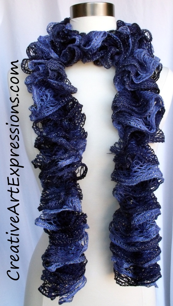 Creative Art Expressions Hand Knit Deep Shades of Blue Ruffle Scarf